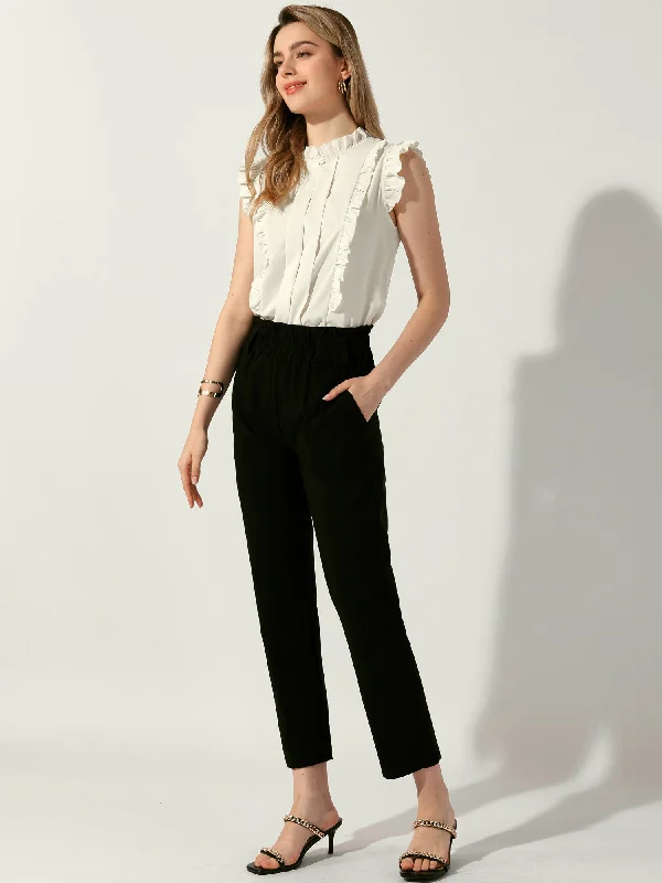 Ruffle Sleeveless Round Neck Dressy Casual Blouse Backless Summer Blouse