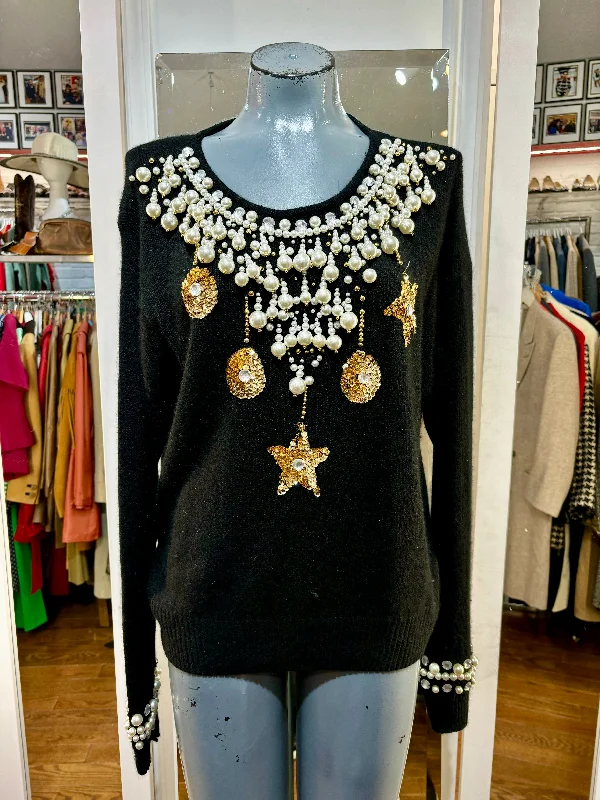 80’s Black Knit Adorned Collar with Pearl and Sequins Sweater Toggled Drawstring Belted 80’s Black Knit Adorned Collar with Pearl and Sequins Sweater Toggled Drawstring Belted