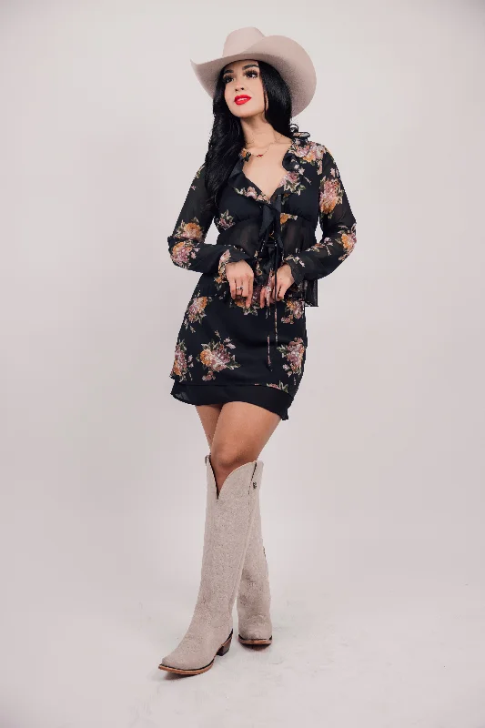 Floral Print Blouse With Front Tie and Ruffle Elegant Silk Blouse