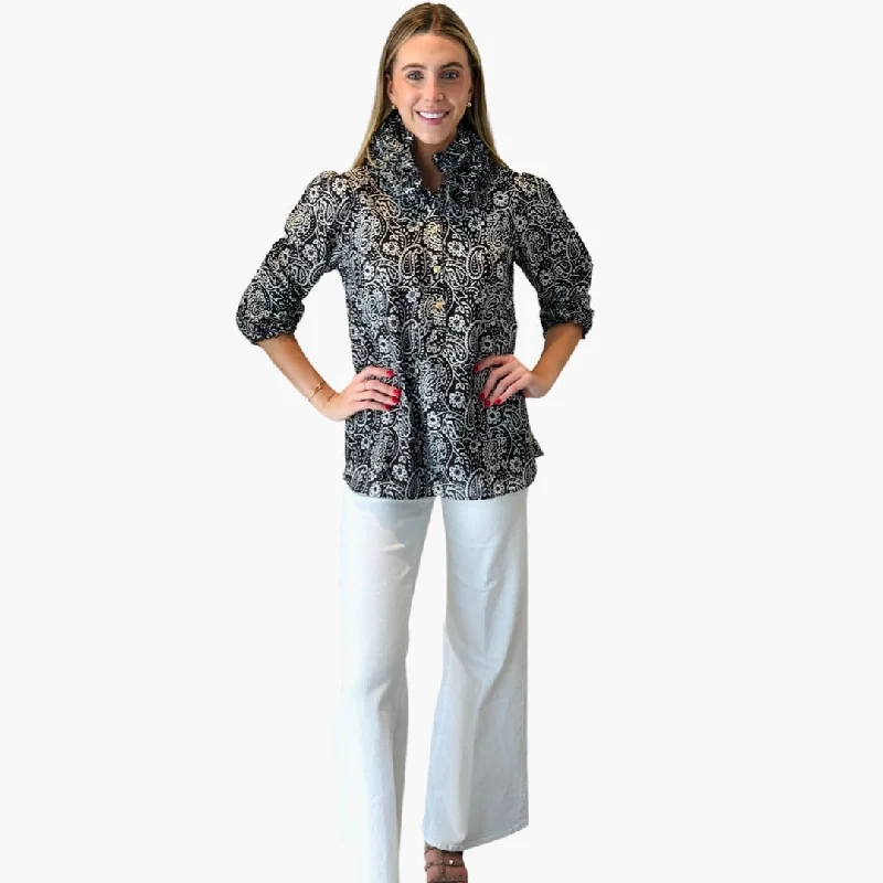 The Maria Ruffle Collar Blouse in Black and White Sheer Mesh Blouse