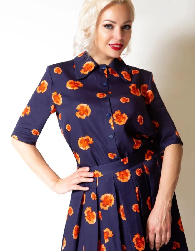 Navy Floral Prints Blouse Satin Long Blouse