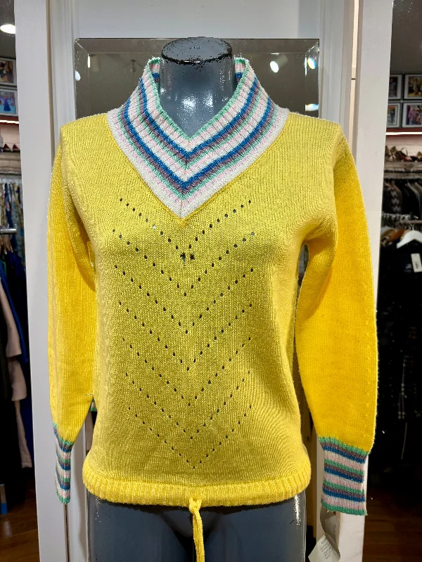 90’s Pale Yellow V Neck Multicolor Stripe Collar Sweater Tailored Straight A-Line