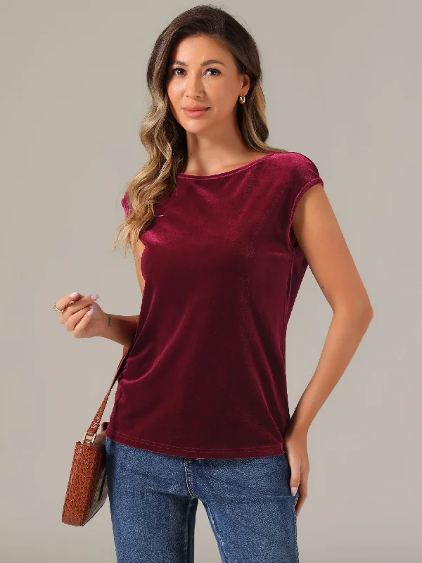 Velvet Cap Sleeve Casual Basic Round Neck Blouse Subtle Shimmer Blouse