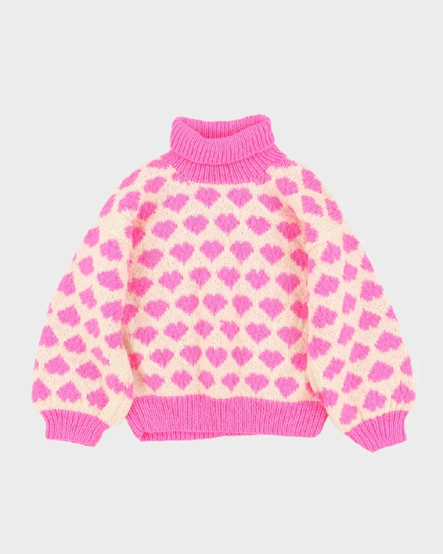 1980s Heart Patterned hand Knitted Jumper - S Fitted Loose Oversized