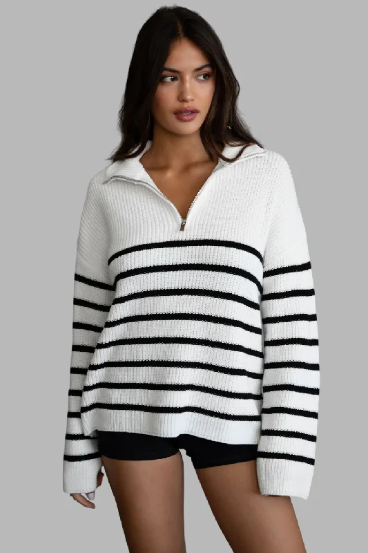 TIC TOC - "MAUREEN" Oversized Striped Zip Sweater Sequined Glittery Shiny