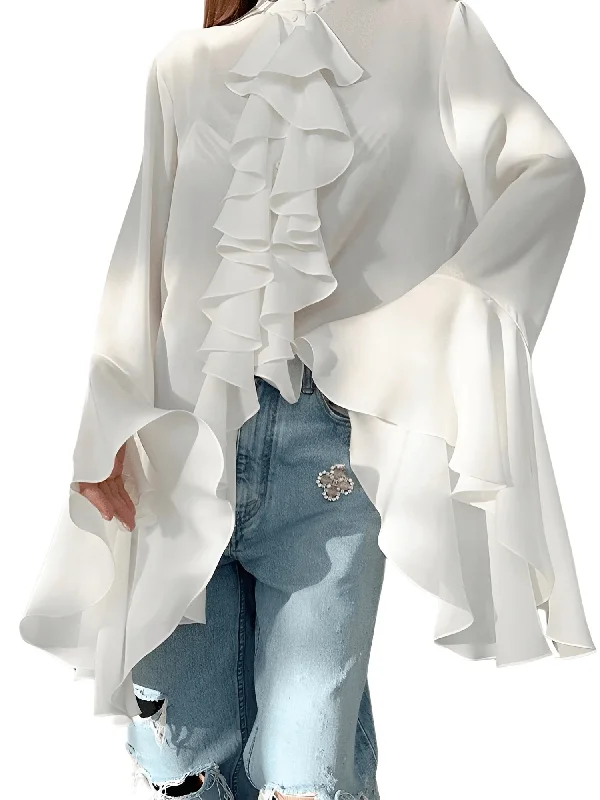 Chiffon Ruffled Shirts For Women Flare Sleeve Oversize Laminated Flounces Elegant Blouses And Tops Wrap Front Blouse