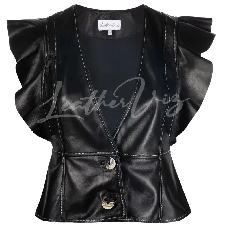 RUFFLED SLEEVES LEATHER BLOUSE FOR WOMEN Loose Fit Blouse
