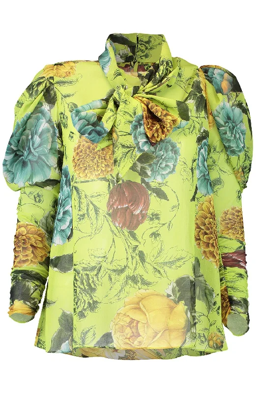 Tie Neck Floral Blouse Embellished Collar Blouse