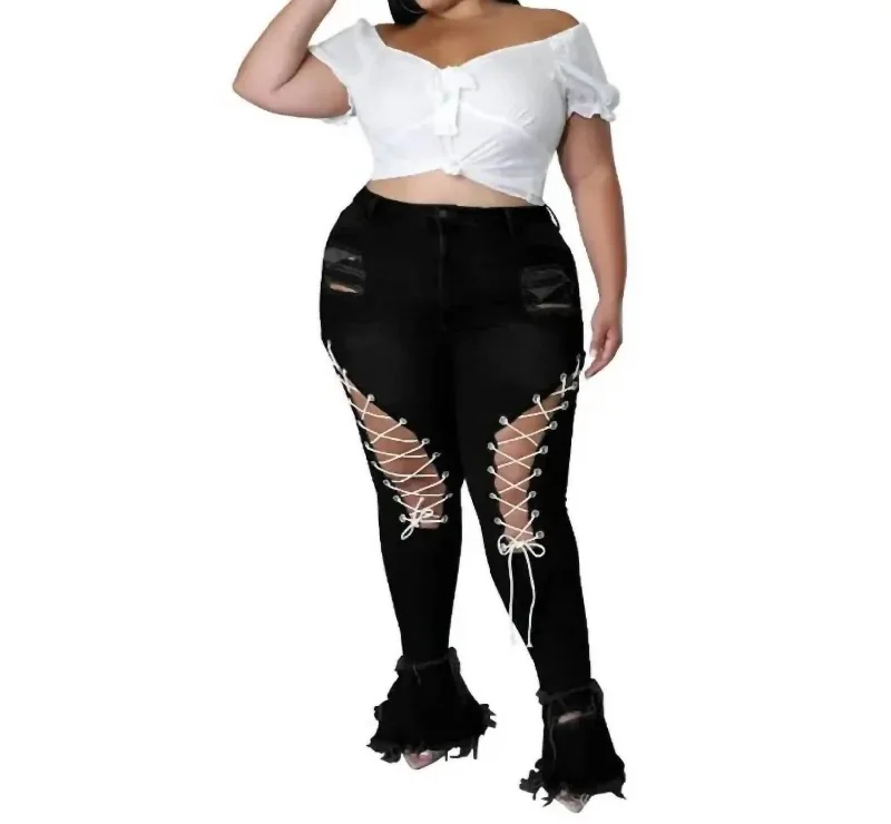 Lace Up Jeans In Black Comfortable Folded Hem Jeans