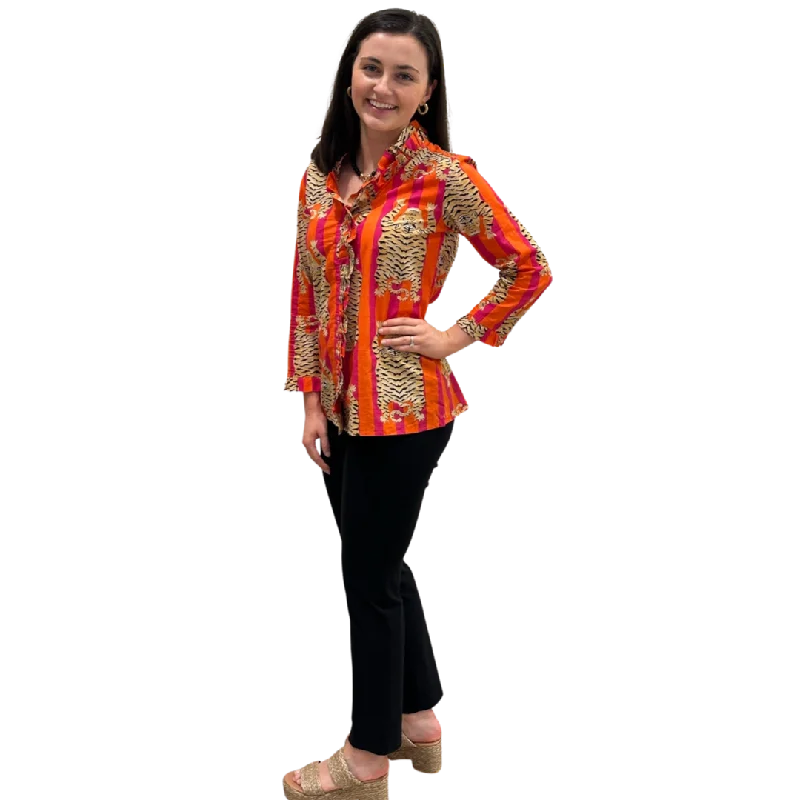 The Bessie Cotton Ruffle Print Blouse in Tangerine and Pink Hand Block Tiger Stripe Feminine Ruffle Blouse The Bessie Cotton Ruffle Print Blouse in Tangerine and Pink Hand Block Tiger Stripe Feminine Ruffle Blouse
