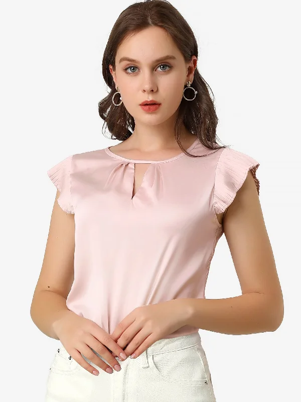 Satin Work Office Top Cut Out Keyhole Back Pleated Cap Sleeve Blouse Satin Drape Blouse Satin Work Office Top Cut Out Keyhole Back Pleated Cap Sleeve Blouse Satin Drape Blouse