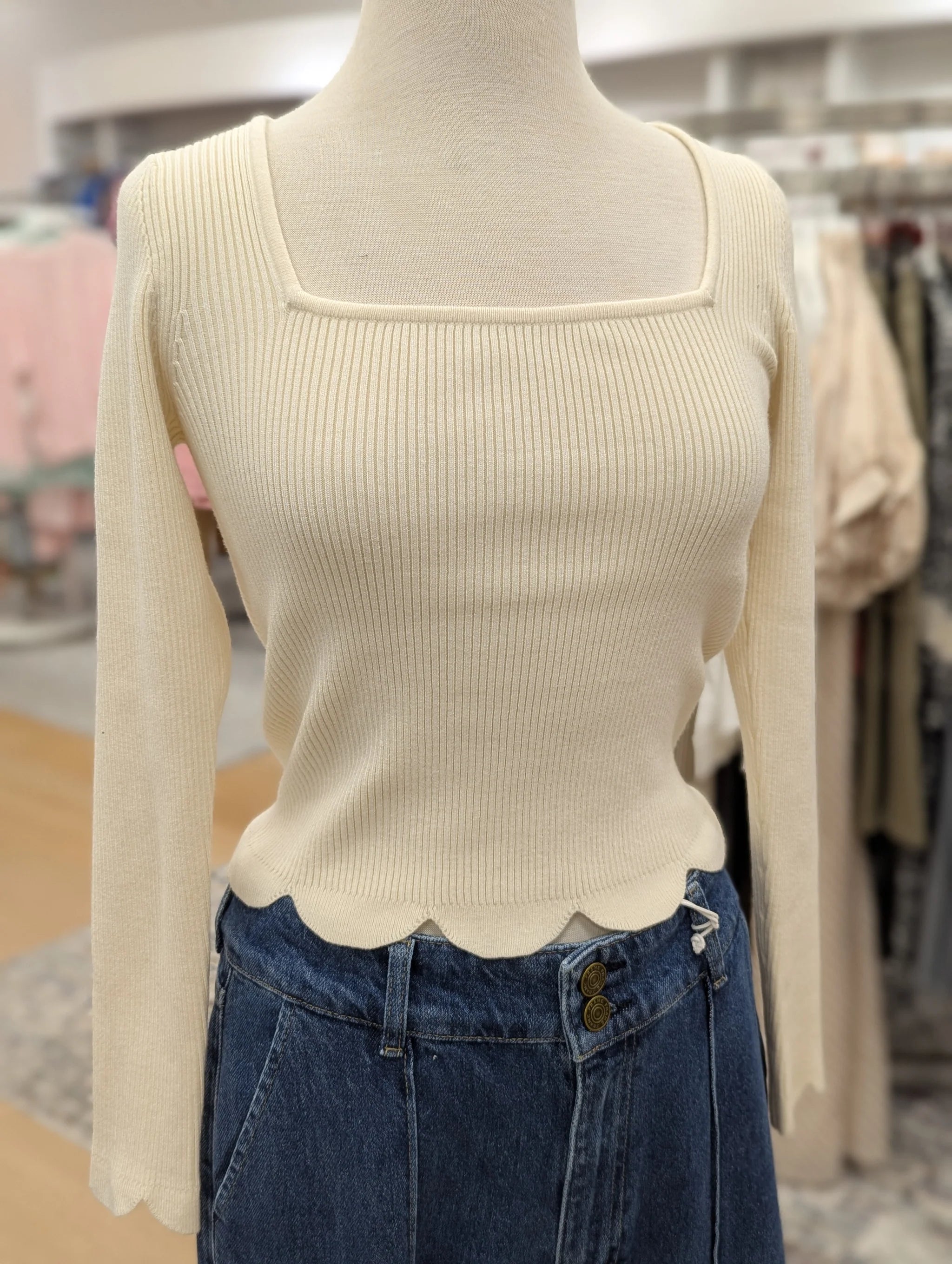 Scallop Hem Sweater Silk Blend Satin Velvet