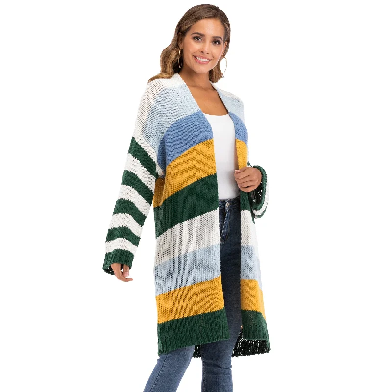 WOMEN'S Winter Coat Warm Cross Border Casual Long Joint Contrast Color Striped Oversize Knitted Sweater Cardigan Patched Outwear Bright Pastel Dark
