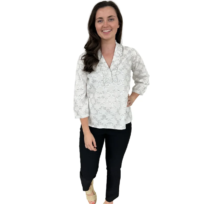The Emerson Metallic White and Silver Jacquard Blouse Floral Print Blouse