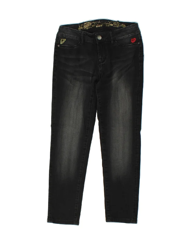 DESIGUAL Womens Crop Slim Jeans W28 L24 Black Chic Rip-Detail High-Waist Jeans