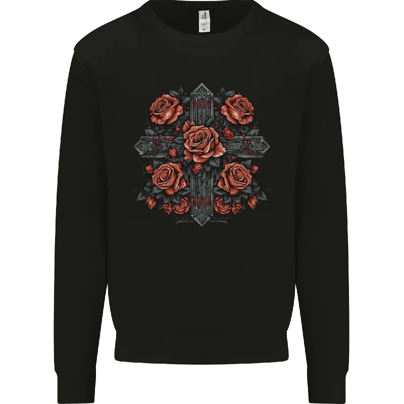 A Cross With Roses Mens Sweatshirt Jumper Hoodie with Typography Text Message