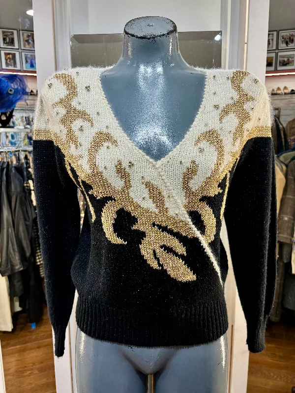 80’s Black & Beige V Neck Holiday Sweater Wool Sweater Cotton Sweater Cashmere Sweater 80’s Black & Beige V Neck Holiday Sweater Wool Sweater Cotton Sweater Cashmere Sweater
