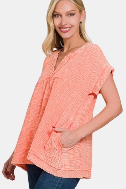 Zenana Washed Raw Hem Short Sleeve Blouse with Pockets Oversized Silk Blouse