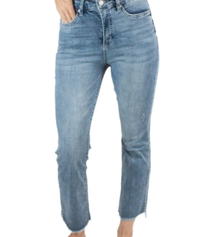 High Rise Bootcut Crop Jeans In Blue Fashionable Raw Hemmed Jeans
