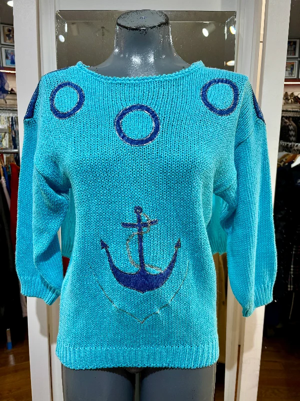 90s Nautical Knit Sweater With Denim Details patch Boxy Sweater Fitted Sweater A-Line 90s Nautical Knit Sweater With Denim Details patch Boxy Sweater Fitted Sweater A-Line