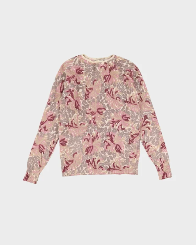 1980s Pink Patterned Lambswool Jumper - XS Chenille Brocade Lace