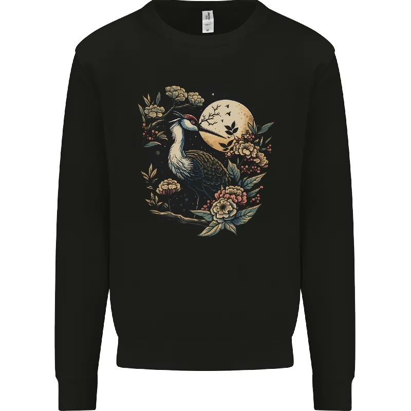 A Crane With Flowers and Moon Bird Mens Sweatshirt Jumper Hoodie with Exposed Zipper Edgy Industrial A Crane With Flowers and Moon Bird Mens Sweatshirt Jumper Hoodie with Exposed Zipper Edgy Industrial