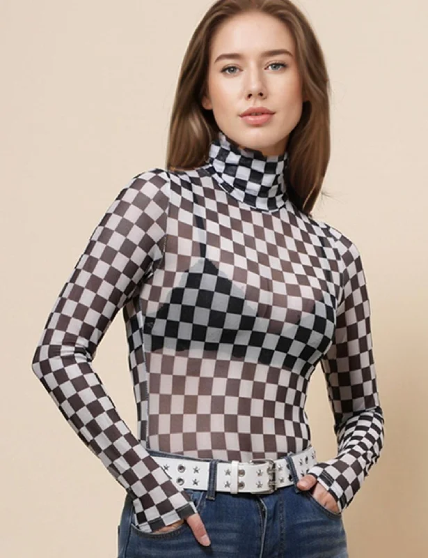 Ladies See Sheer Blouse Grid Print Mesh Layring Top SKT4935 Feminine Pastel Blouse