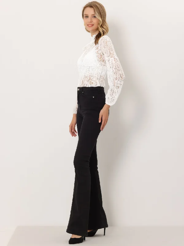 Floral Lace Top Turtleneck Puff Long Sleeve See Through Sheer Blouse Subtle Shimmer Blouse
