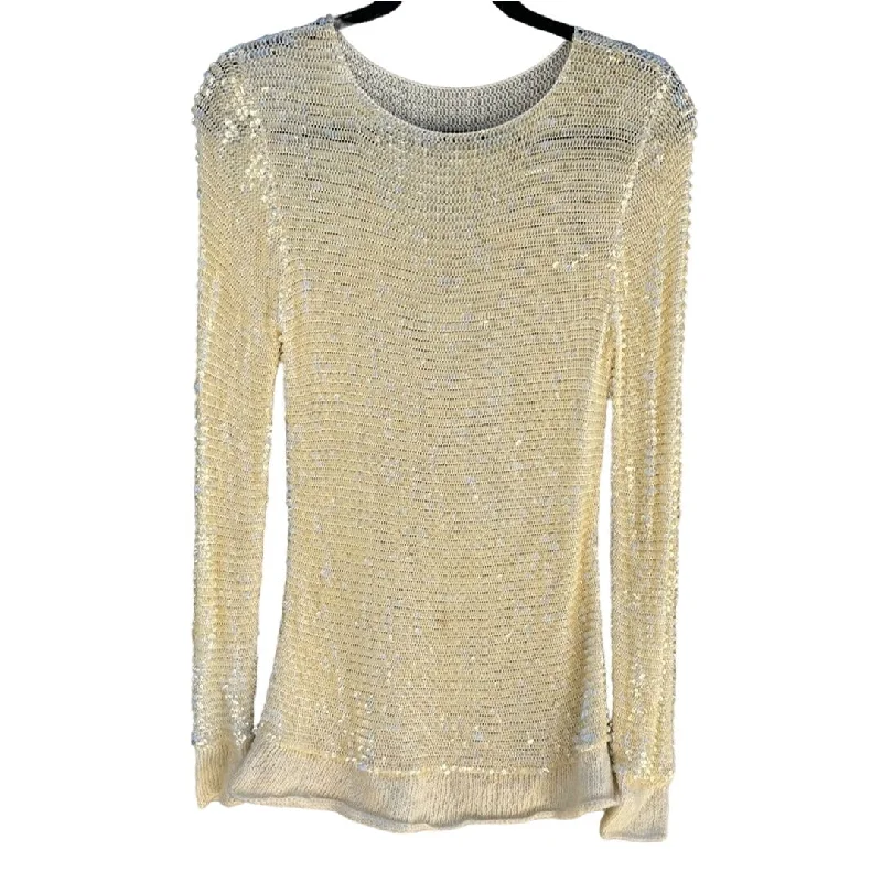 Vintage Women's Scoop Neck Ivory Full Sequin Glam Knit Long Sleeve Sweater Solid Print Embellished Vintage Women's Scoop Neck Ivory Full Sequin Glam Knit Long Sleeve Sweater Solid Print Embellished