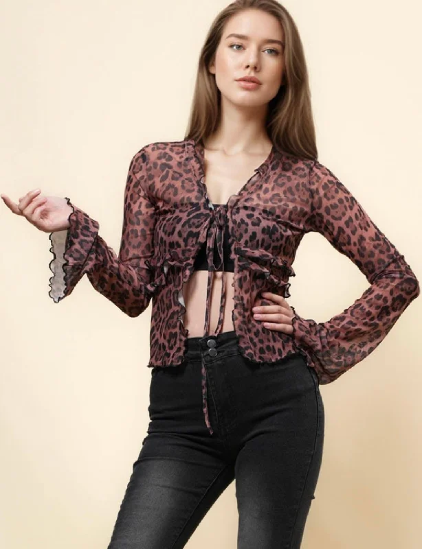 Ladies Leopard See Sheer Mesh Top String Tie Blouse SKT4989 Balloon Sleeve Blouse