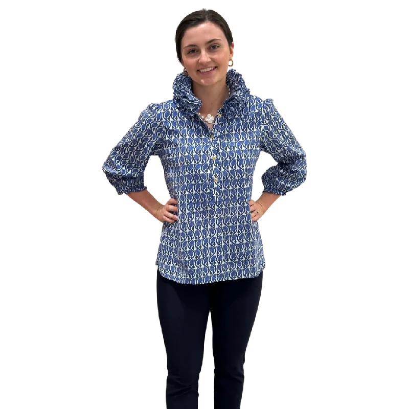 The Maria Ruffle Neck Collar Blouse in Blue Hand Block Cotton Casual Relaxed Blouse