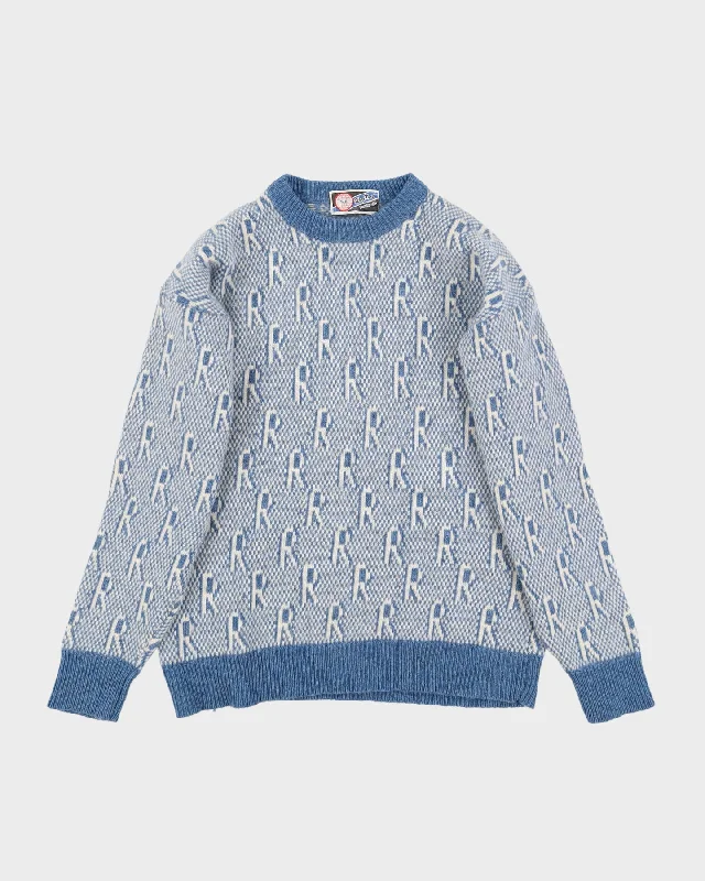 1980s Blue And White R Patterned Knitted Jumper - S Embroidered Appliqued Beaded