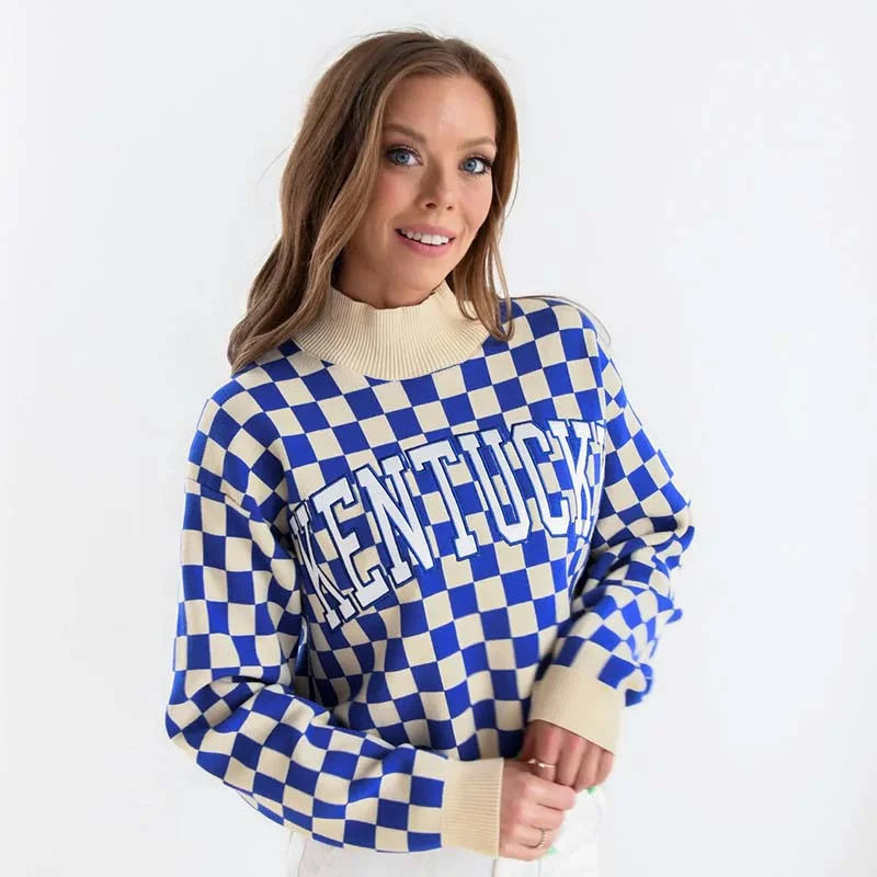 UK Checkered Sweater Beaded Sweater Sequined Faux Fur
