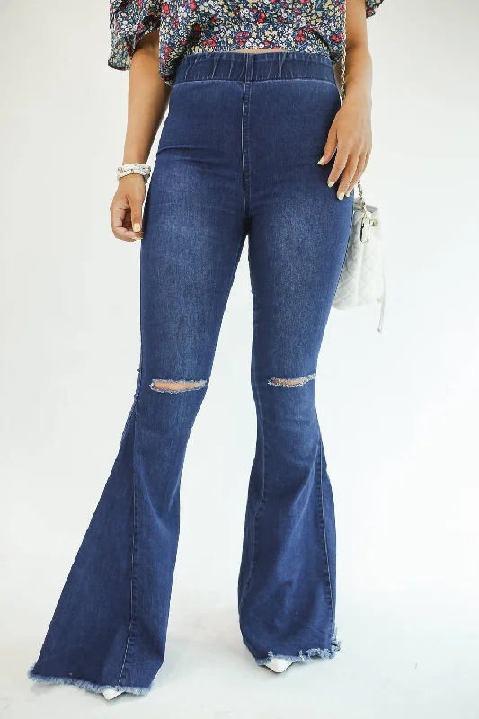 Logan High Waist Flares Jeans In Dark Denim Fashionable Distressed Jeans