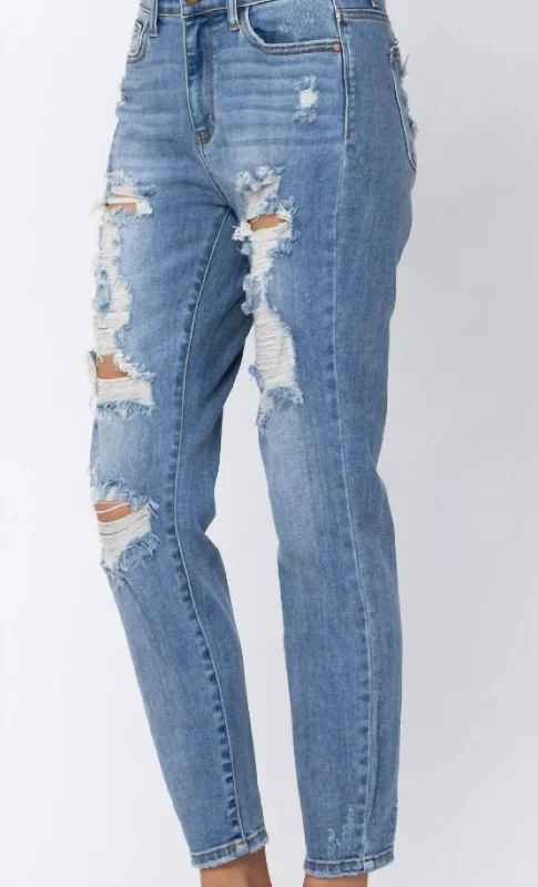 Hi Rise Destroyed Boyfriend Jeans In Blue Fashionable Raw Hemmed Jeans