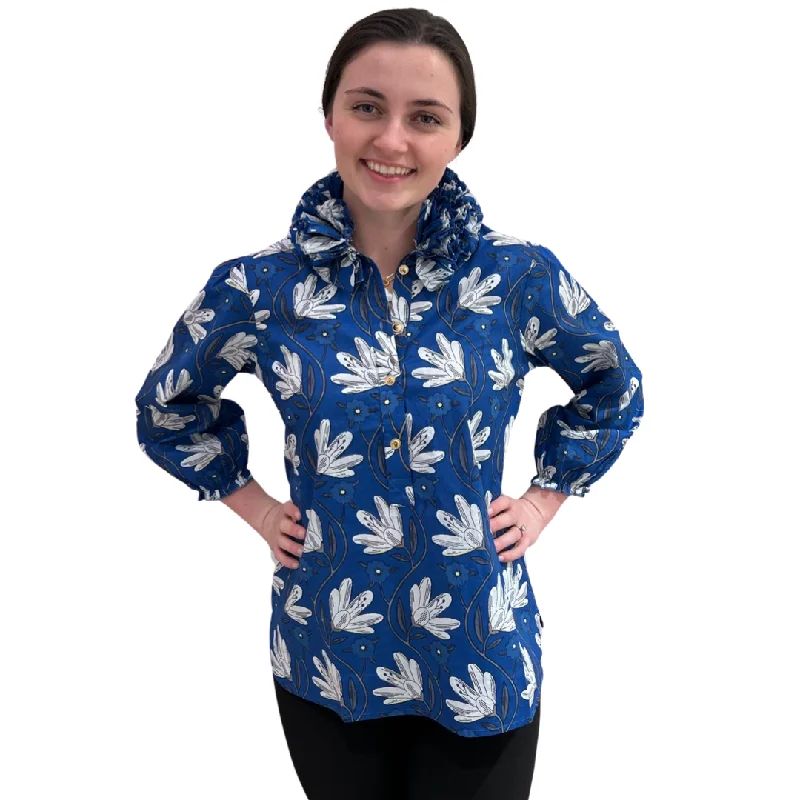 The Maria Ruffle Neck Cotton Blouse in Blue Petal Print Bell Sleeve Blouse