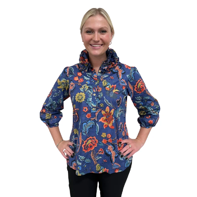 The Maria Ruffle Neck Cotton Blouse in Sunset Floral Hand Block Print Backless Summer Blouse The Maria Ruffle Neck Cotton Blouse in Sunset Floral Hand Block Print Backless Summer Blouse