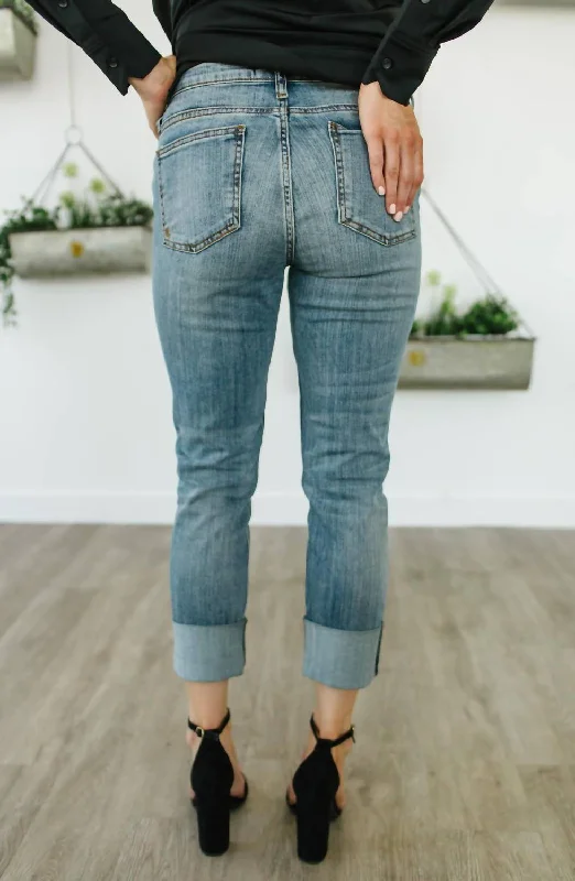 Catherine Boyfriend Raw Hem Cuffed Jean In Blue Comfortable Stretch Denim Jeans