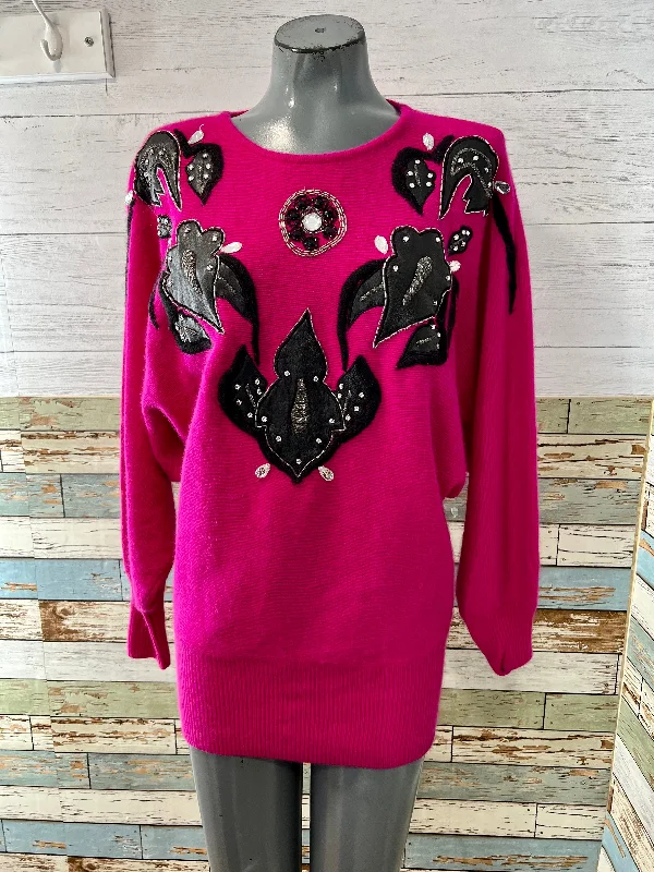 80s Fuchsia Knit Sweater with Leather Applications Mesh Sweater Canvas Denim
