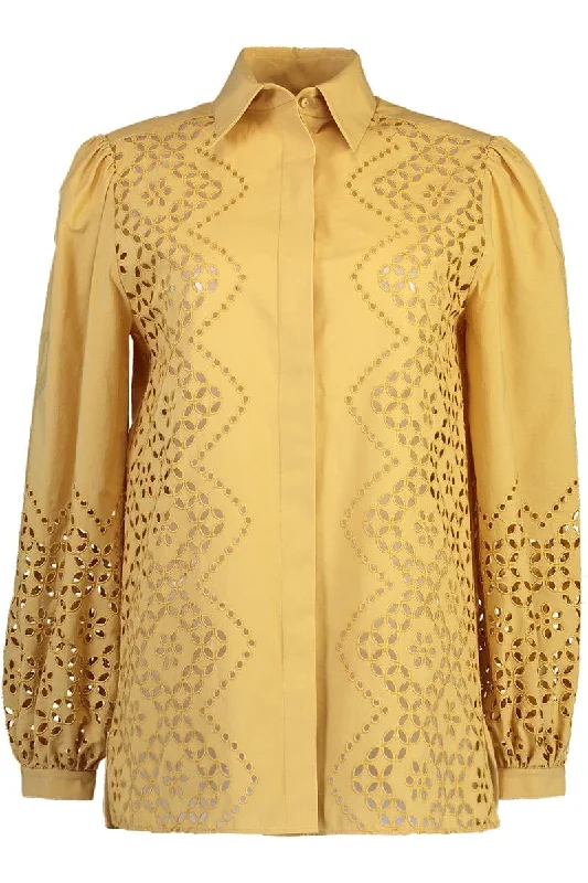 Long Sleeve Eyelet Blouse - Gold Off-Shoulder Wrap Blouse