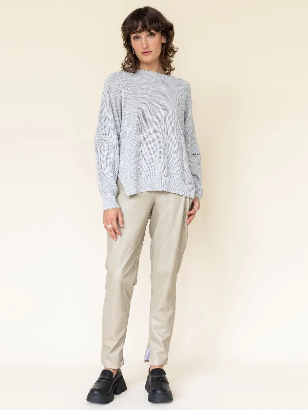 Knit Jumper with Open Zip Detail Sleeve in Silver Denim Fabric Leather Fabric Suede Fabric
