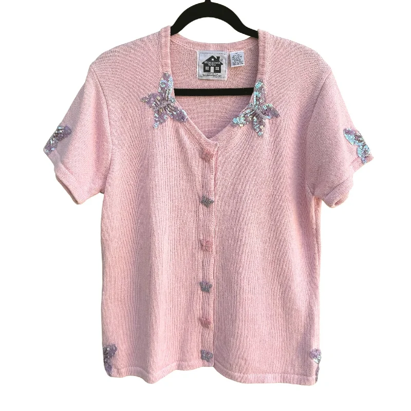 Storybook Knits Pink Sequin Butterfly Buttons Short Sleeve Cardigan Sweater M Houndstooth Herringbone Solid