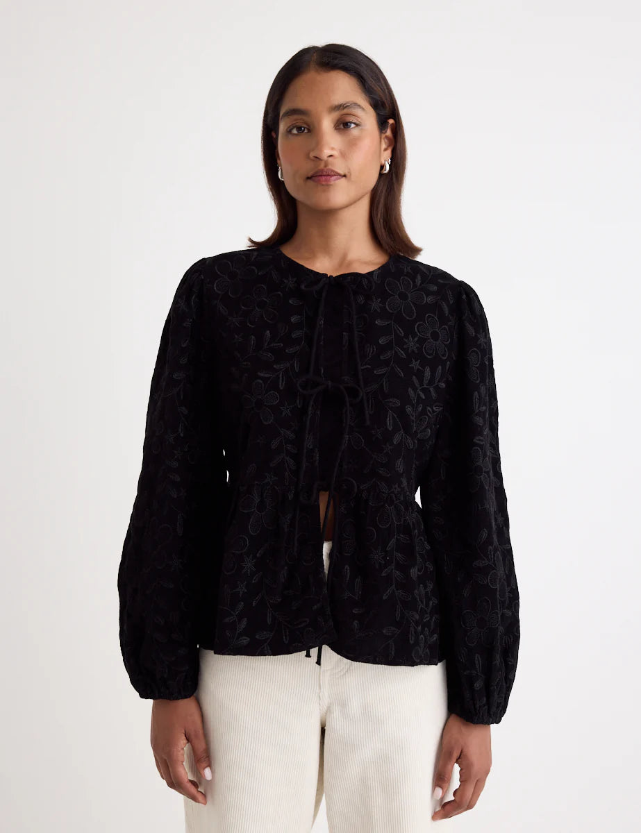 Cord Tie Front Blouse Black Embroidery Balloon Sleeve Blouse