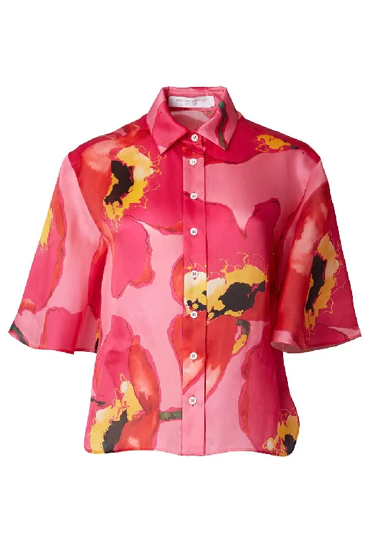 Short Sleeve Collared Button Down Blouse Feminine Satin Blouse