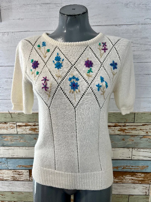 80s Embroiled flowers Knit Sleeve Sweater Real Fur Shearling Chenille