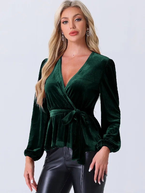 Velvet Wrap Tie Waist Long Sleeve Peplum Blouse Oversized Silk Blouse