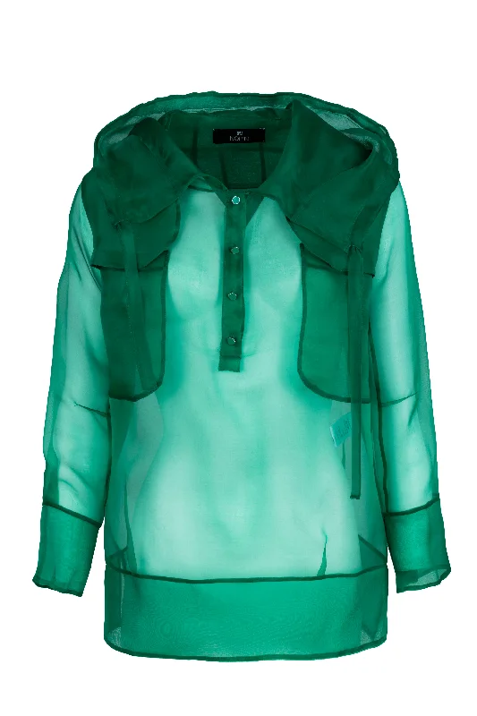 Green Silk Organza Blouse with Hood Gathered Detail Blouse