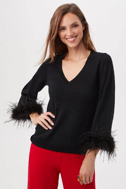 Sassy Merino Wool Feather Trimmed Sweater Oversized Loose Flowy