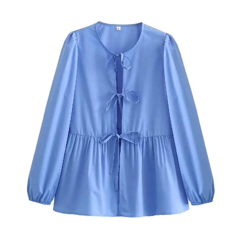 Ladies Puffed Long Sleeves Bowknot Blouse Top B88689 Pastel Color Blouse