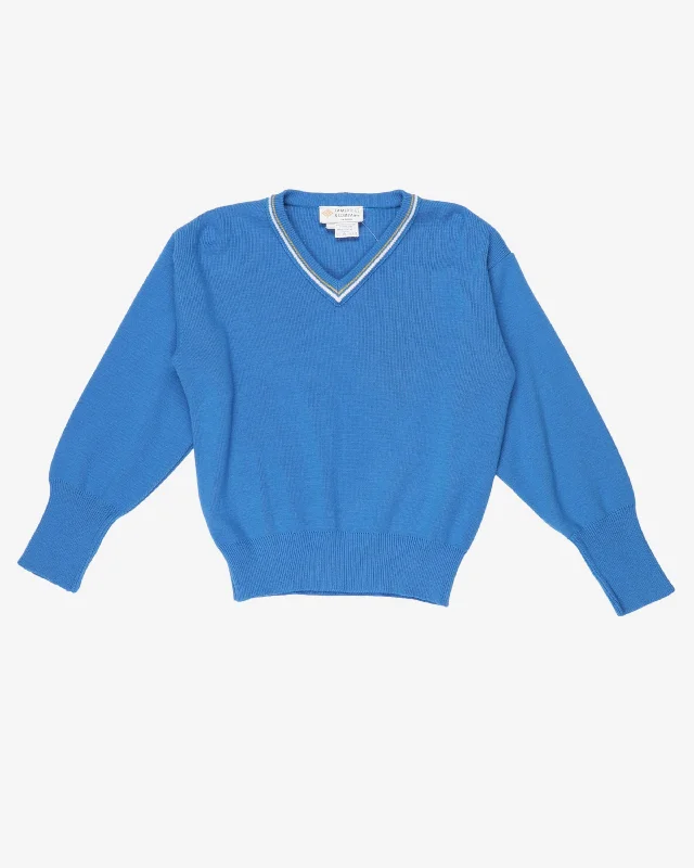 Cambridge & Company Blue Stripe Neck Jumper - M/L Houndstooth Herringbone Solid